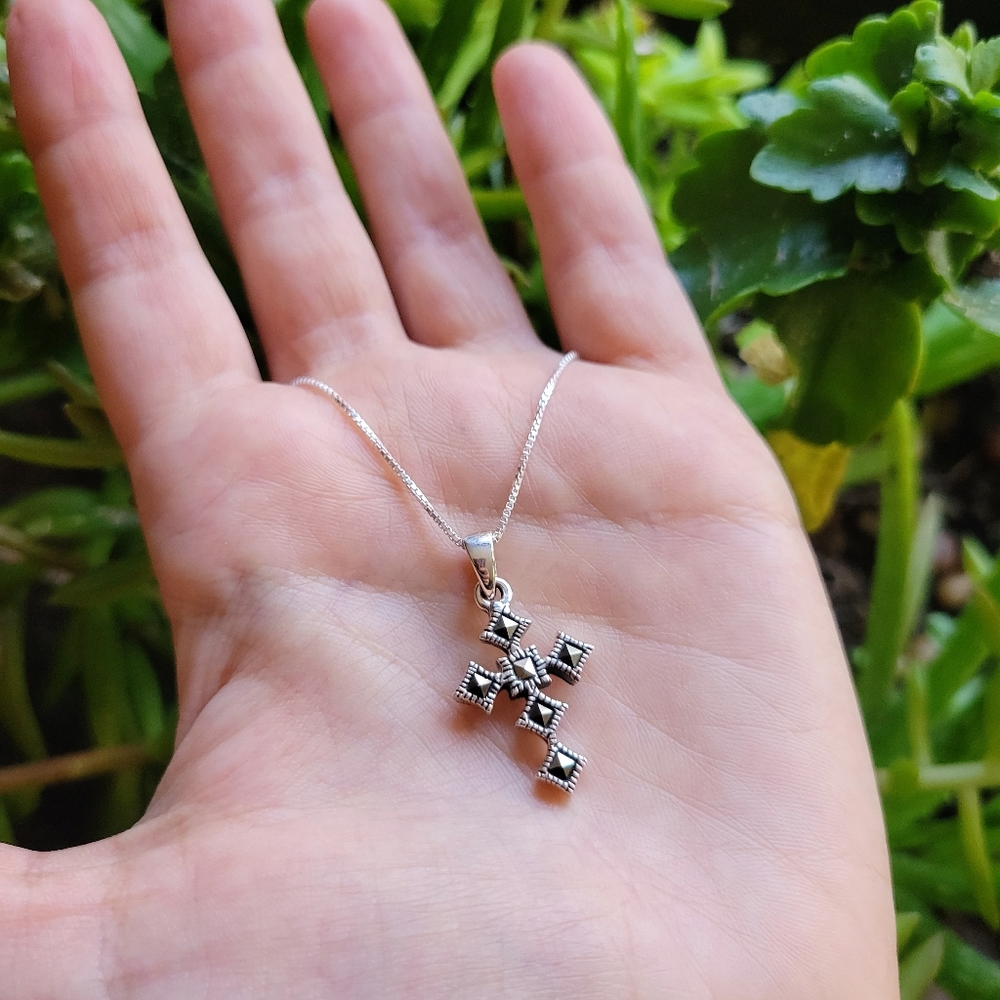 New Solid 925 Sterling Silver Ornate Marcasite Cr… - image 5